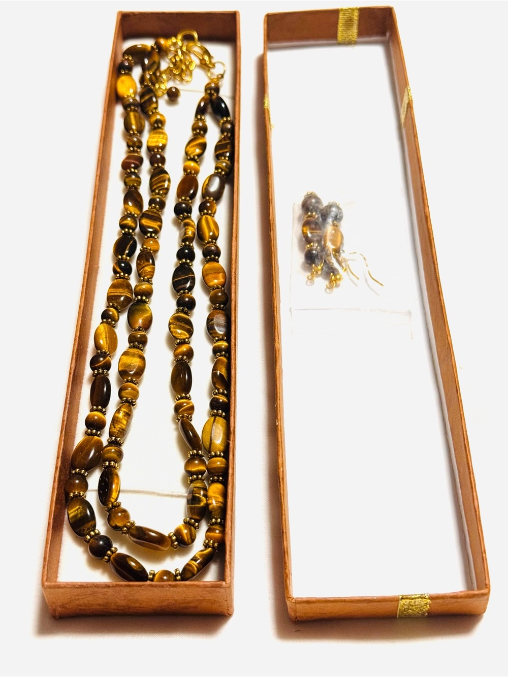 NIB Tiger Eye Beaded Necklace and Earring Set - Gold Brown